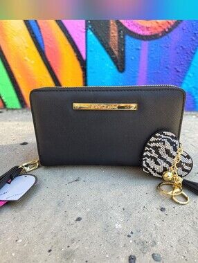 Betsey Johnson Black Wallet &  Sparkley Heart Bag Charm Keychain
